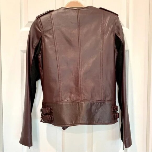 Nour Hammour Oxblood Red Erin Studded Real Leather Fitted Motorcycle Jacket - Picture 13 of 16